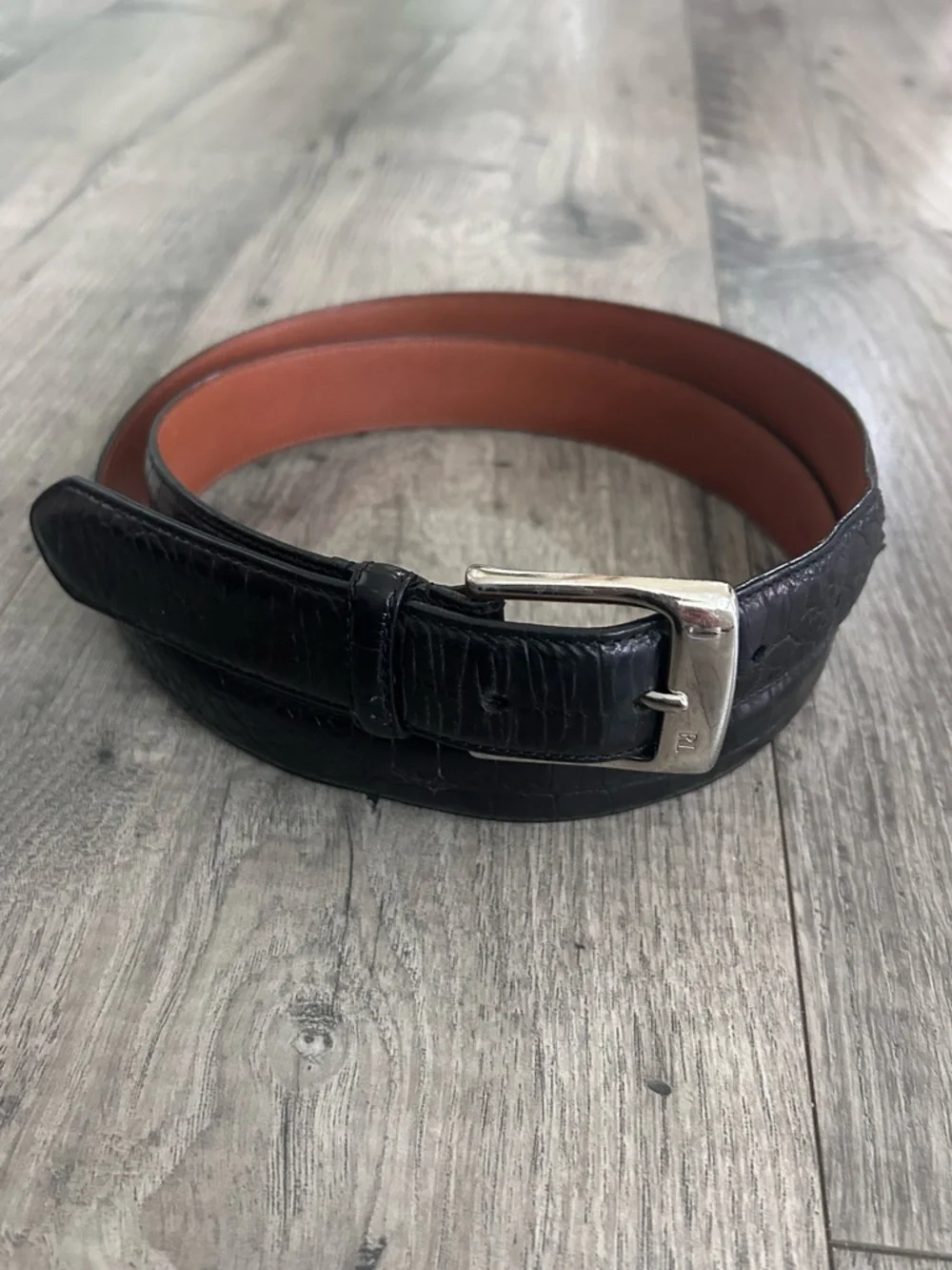 Polo Ralph Lauren Black Croc Embossed Leather Dress Belt Size 42